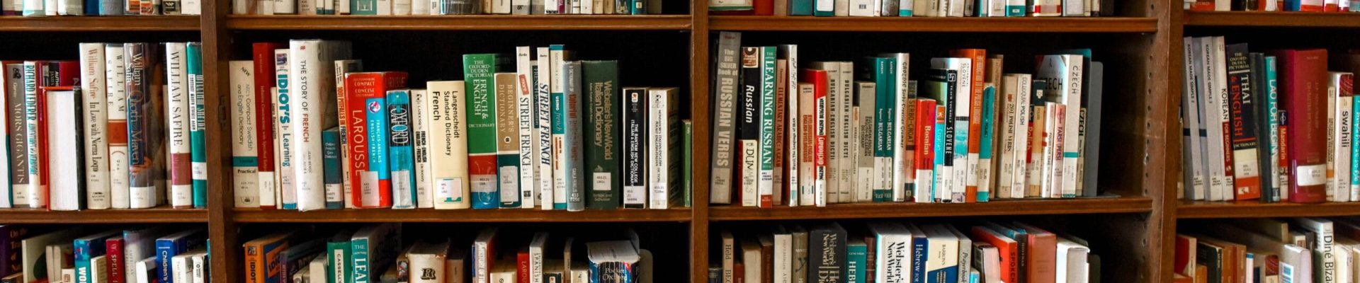 Vibrant library scene featuring wooden bookshelves filled with various books.